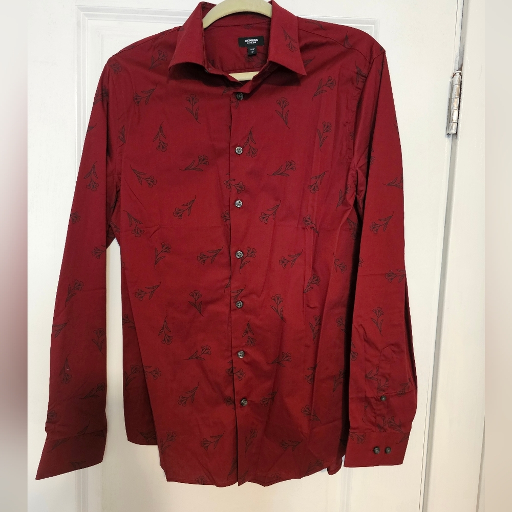 Men's Express, medium, slim fit, classic 1MX button down, red with black floral